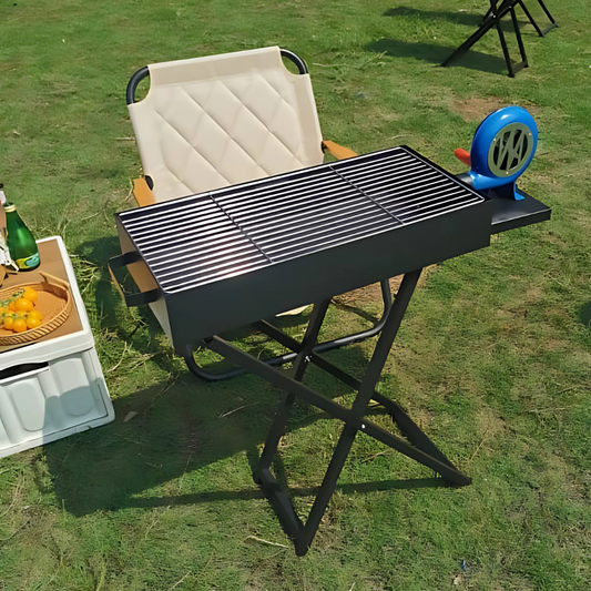 Portable Charcoal BBQ Grill with Blower & Lid - Fast Heating Camping Grill