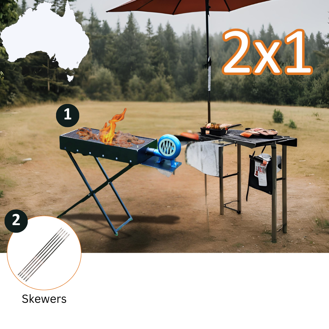 Ultimate Aussie-Tested Combo: Portable Charcoal Grill with Blower + Pro 60cm Skewers