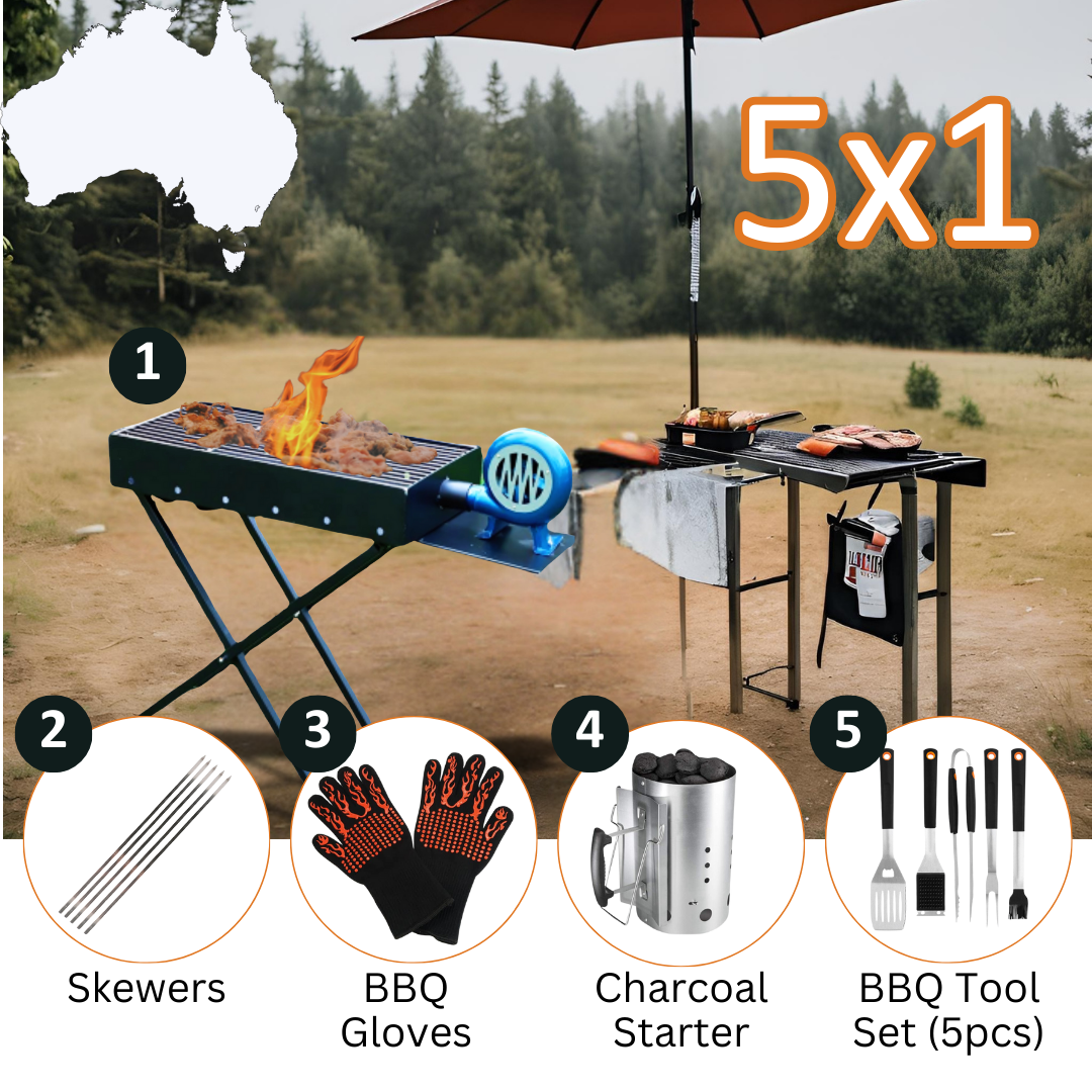 The Complete 5-in-1 BBQ Combo Kit: Grill, Gloves, Chimney, Tools & Skewers