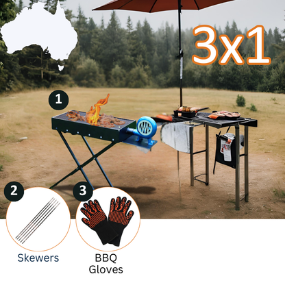 The Easy Adventure BBQ Kit: Grill, Skewers & Gloves