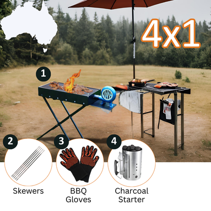 4-in-1 Aussie BBQ Kit: Blower Grill + Heatproof Gloves + Chimney + Skewers